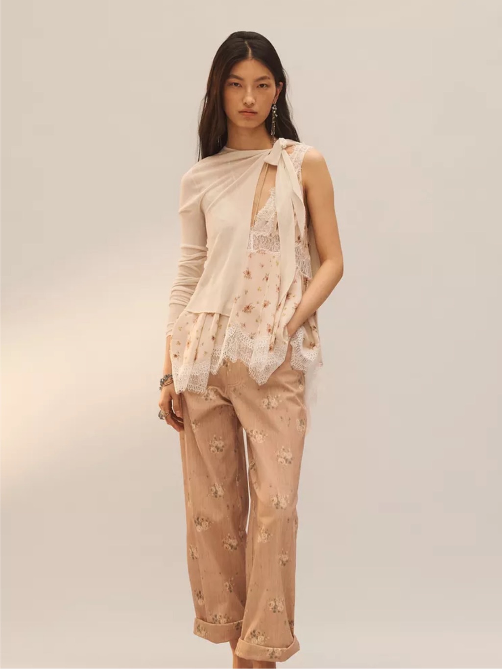Zara Wide Leg Floral Pants In Tan With Cream Accents
